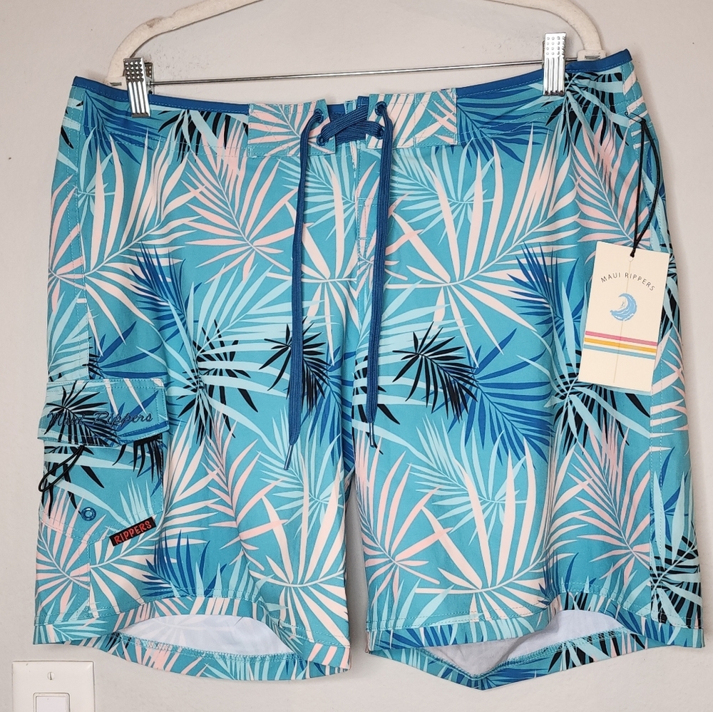 NWT Maui Rippers 9" Board Shorts Blue Sunset Palm Women's Size 14‎
